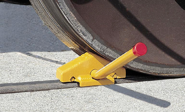 Aldon steel railroad wheel chock, freight railcar